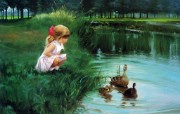 金色童年 二 法国画家 Donald Zolan 儿童水彩画集 河边的鸭子 儿童水彩画壁纸 金色童年儿童水彩画壁纸二 绘画壁纸